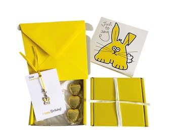 Tiny gifts! BIRTHDAY. Bunny charm, birthday card, 3 x chocolates + gift box. Personalisable.