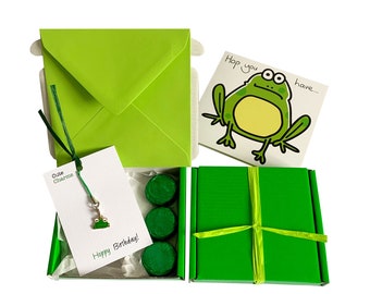 Tiny gifts! BIRTHDAY. Frog charm, birthday card, 3 x chocolates + gift box. Personalisable.