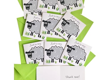 NEW in! Pack of 10 Top quality Sheep THANK YOU Cards. Apple Green envelopes.