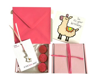 Tiny gifts! BIRTHDAY. Llama charm, birthday card, 3 x chocolates + gift box. Personalisable.