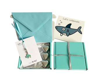 Tiny gifts! BIRTHDAY. Shark charm, birthday card, 3 x chocolates + gift box. Personalisable.