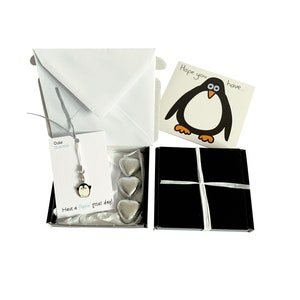 Tiny gifts! BIRTHDAY. Penguin charm, birthday card, 3 x chocolates + gift box. Personalisable.