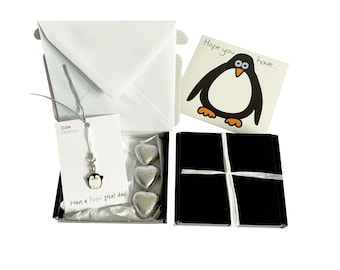 Tiny gifts! BIRTHDAY. Penguin charm, birthday card, 3 x chocolates + gift box. Personalisable.