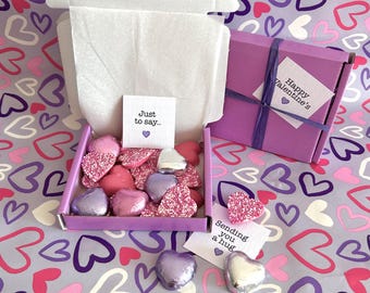 Tiny treats! Little box of heart chocolates 'Birthday/Get well' etc . Various sizes.Personalisable.