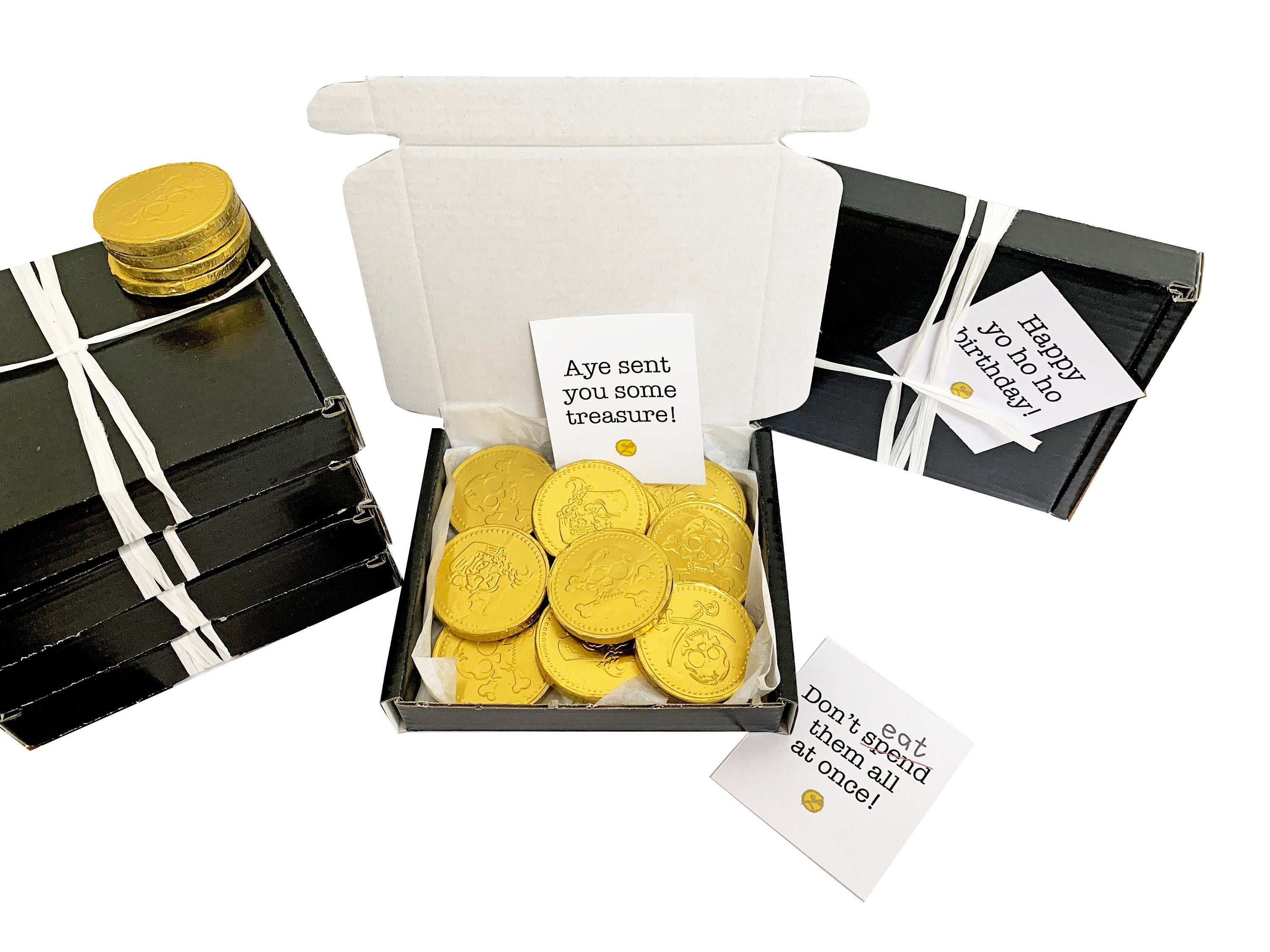 Tiny treats Little Black box of Gold coins. Ideal for child gift pirate party favours etc. Personalisable