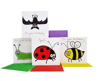 SINGLE Insects/Bugs & bat birthday card. 4 designs