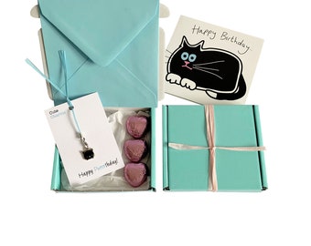 Tiny gifts! BIRTHDAY. Black Cat charm, birthday card, 3 x chocolates + gift box. Personalisable.