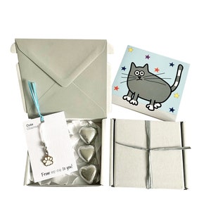 ¡Pequeños regalos! NOTA EN BLANCO. Dije de gato, tarjeta de cumpleaños, 3 bombones + caja de regalo. Personalizable.
