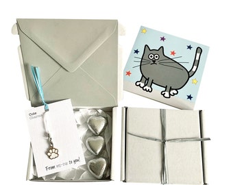 Tiny gifts! BLANK NOTELET. Cat charm, birthday card, 3 x chocolates + gift box. Personalisable.