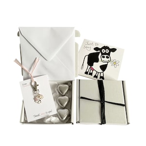 Kleine cadeautjes! BEDANKT. Bedel koe, bedankkaart, 3 bonbons + geschenkdoos. Personaliseerbaar.