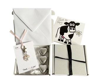 Tiny gifts! THANK YOU. Cow charm, birthday card, 3 x chocolates + gift box. Personalisable.