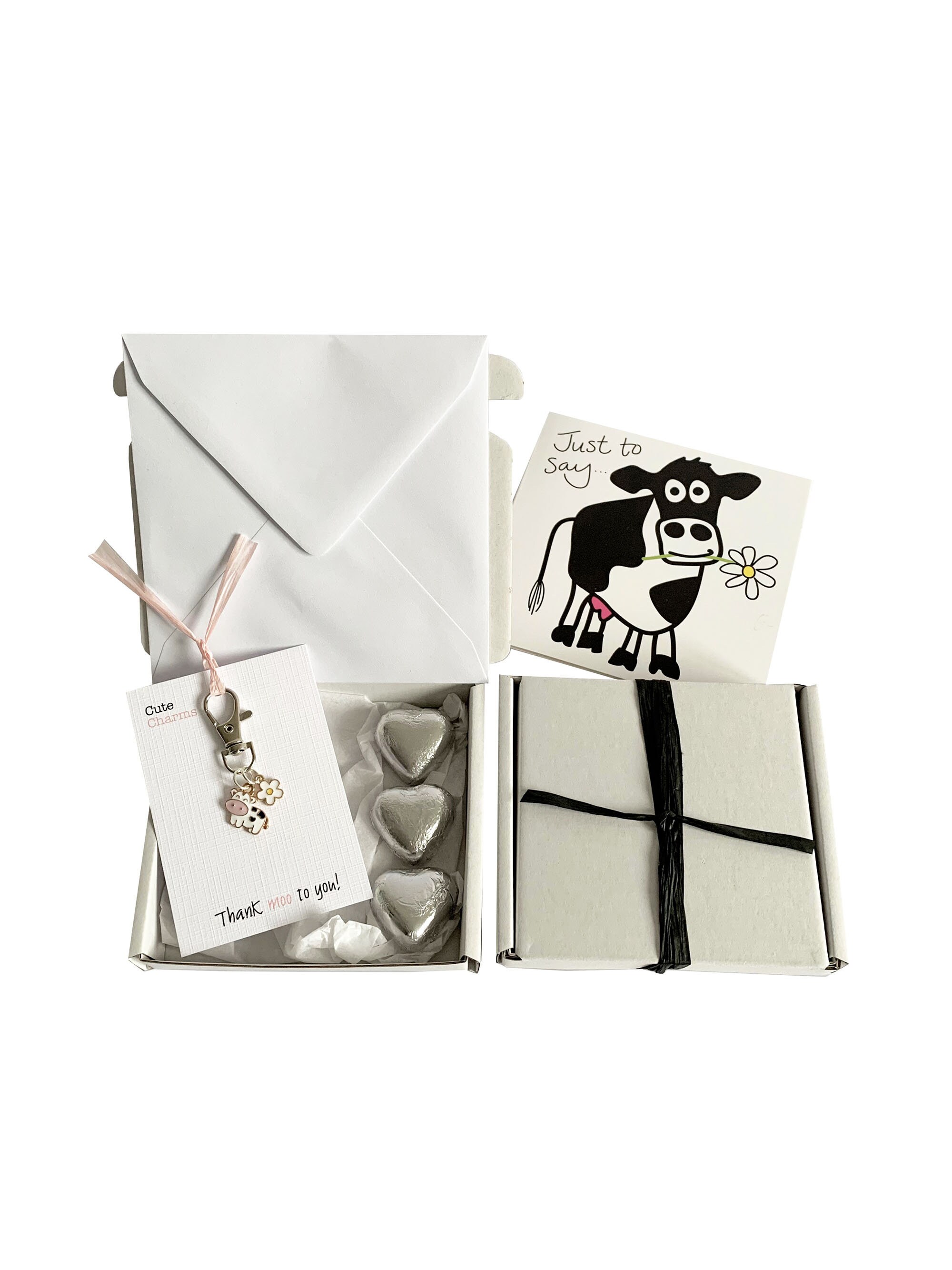 Tiny gifts! THANK YOU. Cow charm, thanks card, 3 x chocolates + gift box. Personalisable.