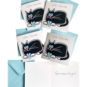 Lot de 5 ou 10 cartes de remerciement chat de grande qualité. Enveloppes bleu ciel.