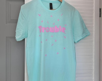 Womens Relax fit TROUBLE aqua blue Cotton T.shirt. Sizes 8-16