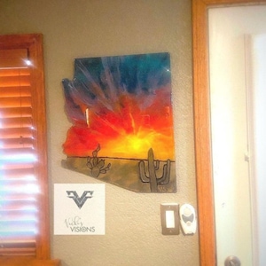 Arizona Sunset Resin Painting with Cacti / Arizona Layered Epoxy Resin Art / Arizona Gallery Art