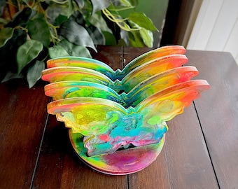 Bright and Beautiful Colorful Butterfly Coasters Set of 4 with Stand / Resin Coasters / Epoxy Coasters / Butterflies