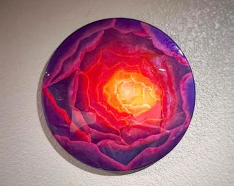 Resin Wood Round Art | 18" Sunset Vortex, Purple Red Orange Abstract Epoxy Wall Decor