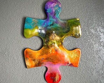 Big Rainbow Puzzle Piece Artwork / Fluid Painting / Resin Art / B2