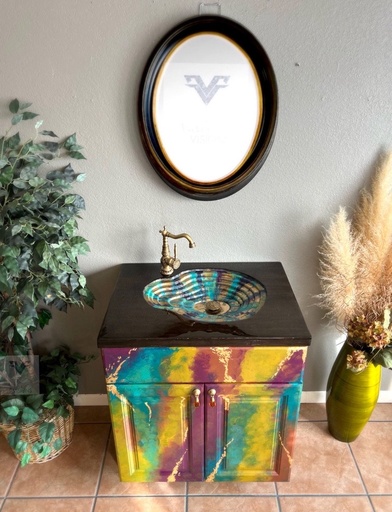 Bright Colorful Bathroom Vanity With Erosion Sink. Cottagecore Art on