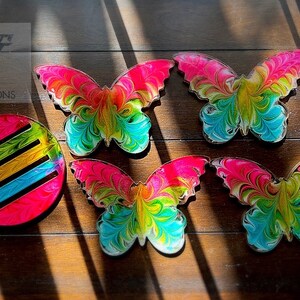Rainbow  Ribbons Butterfly Coasters Set of 4 with Stand / Beautiful Butterfly Coaster Set / Butterfly Gift Set