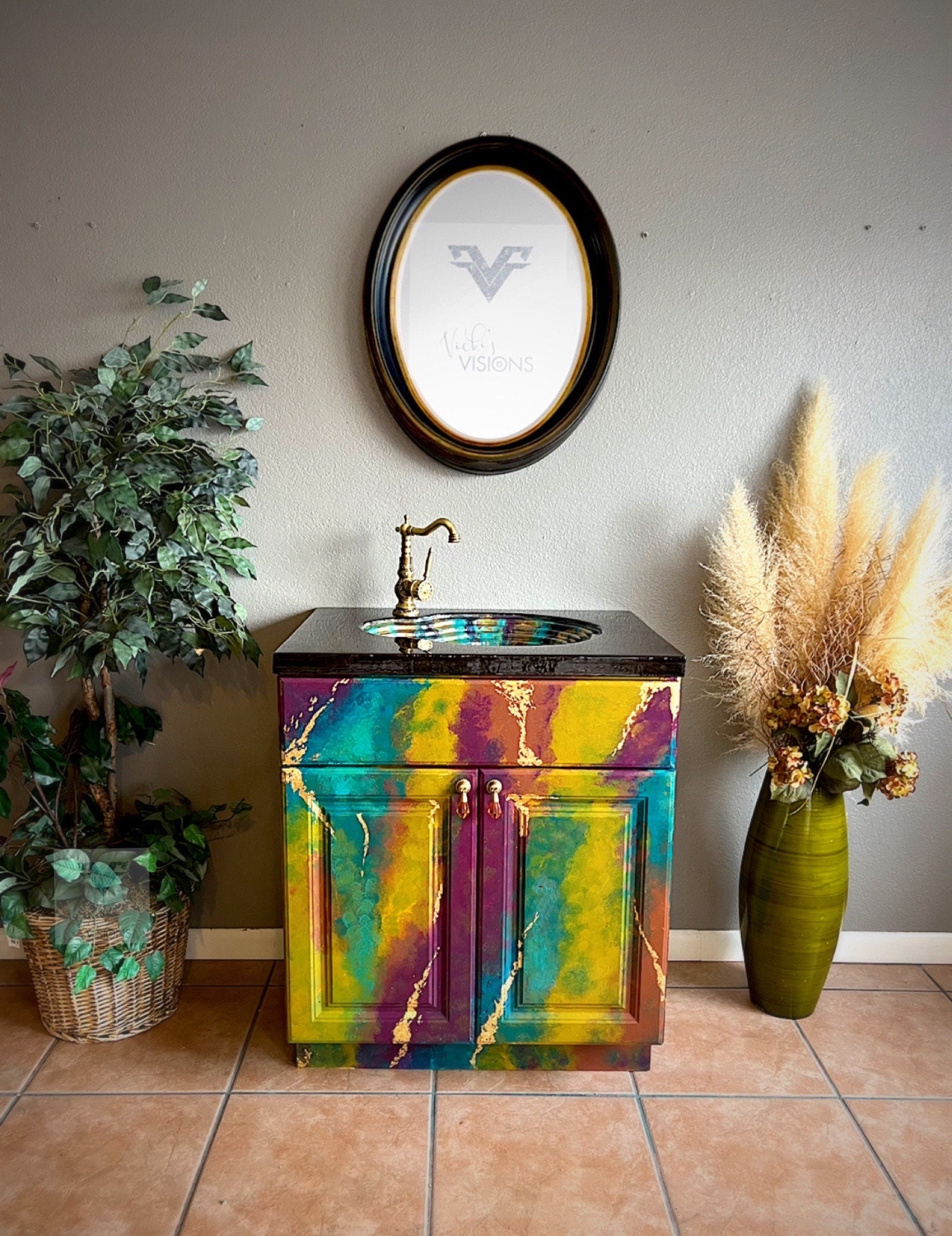 Bright Colorful Bathroom Vanity With Erosion Sink. Cottagecore Art on