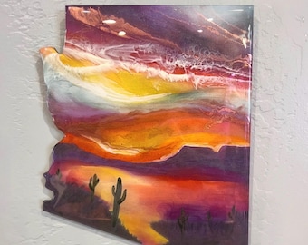 Arizona State Shaped Epoxy Resin Wall Art | Sonoran Desert Sunrise Painting | Mixed Media Original | Southwest Wall Decor | Ready to Hang