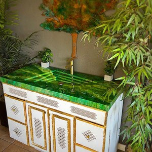 Bathroom Vanity with Countertop and Erosion Sink. Art Deco Vanity Cabinet High End. Retro Green White Gold Master Bedroom Bathroom Decor.