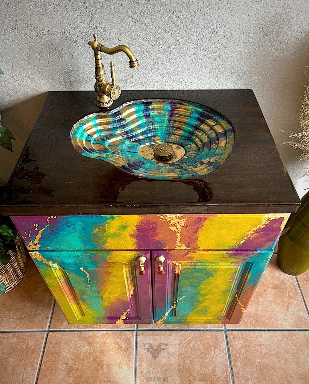 Bright Colorful Bathroom Vanity With Erosion Sink. Cottagecore Art on