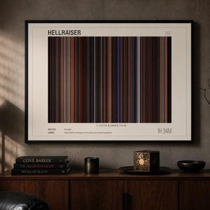 May include: A framed movie poster for Hellraiser featuring a vertical color bar graphic representing the film's palette. The poster includes the title, the year 1987, the text A Clive Barker Film, and the runtime 1H 34M in a clean, minimalist layout.
