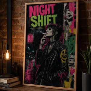 Night Shift Neon Street Art Print | Edgy Graffiti Portrait | Urban Wall Art Vertical | Gift for Teens | Studio Apartment Decor