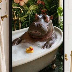 May include: A framed wall art print depicting a grey hippopotamus relaxing in a white clawfoot bathtub filled with soap bubbles. A small yellow rubber duck floats in the foam. The background features lush green tropical foliage and pink flowers.