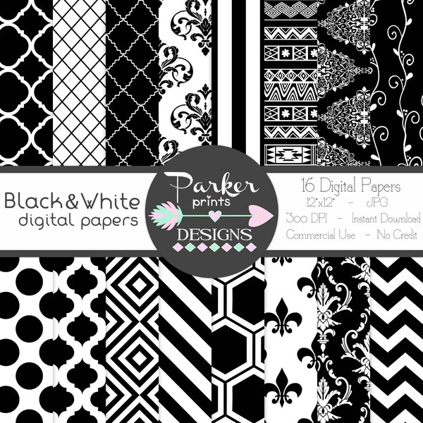 Black and White Digital Paper Pack, Scrapbooking, Printable, Instant Download, Commercial Use, Chevron, Damask, Stripes