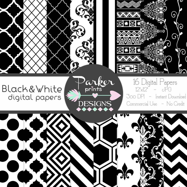 Black and White Digital Paper Pack, Scrapbooking, Printable, Instant
