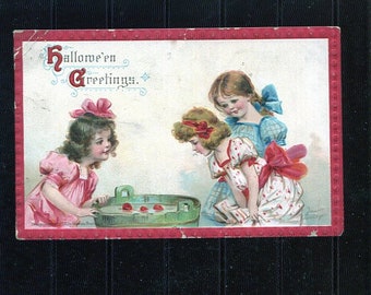 Vintage Halloween Postcard BRUNDAGE 3 Girls Apple BOBIN