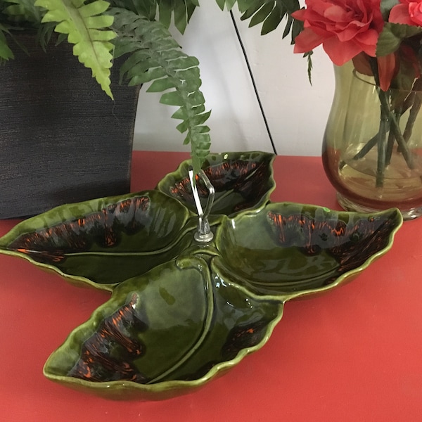 Vintage Mid Century Maurice California Drip Glaze Pottery Divided leaf dish with handle