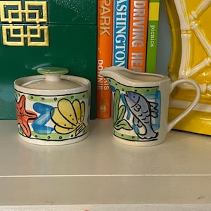 Vintage Sango Key West Creamer Sugar Set | Hand-Painted Coastal Stoneware