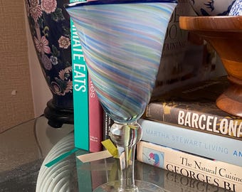 Blue Swirls Twist Water Wine Goblet 8" Hand Blown Glass | Clear Stem Vintage Art Glass | Single Blue Spiral Goblet | Elegant Tableware