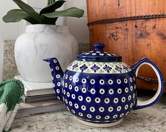 Vintage Boleslawiec Polish Pottery Blue and White Dot Teapot