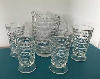Mid Century Colony Whitehall Clear Parfait Pitcher and Glasses, Set of 4 glasses and 1 pitcher, Cubist Design, Footed Dessert Cups