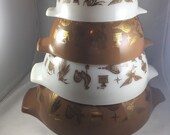 Vintage Pyrex Early American Cinderella Nesting Bowls Pyrex set of 4 Brown Gold White HOLIDAYS Gift pyrex 1960s
