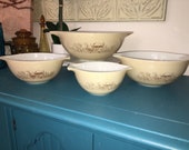 Vintage Pyrex Forest Fancies Pattern Nesting Mixing Bowl Set Cinderella Style Handled Brown Mushroom Speckled Design Retro Kitchen Glassware