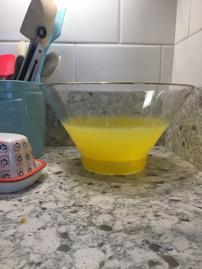Vintage West Virginia Bright Yellow Blendo Frosted Glass Chip n Dip Bowl Large Gold Rimmed