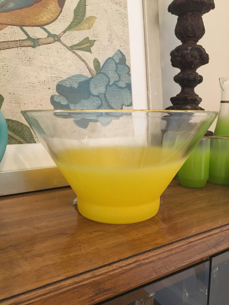 Vintage West Virginia Bright Yellow Blendo Frosted Glass Chip n Dip Bowl Large Gold Rimmed