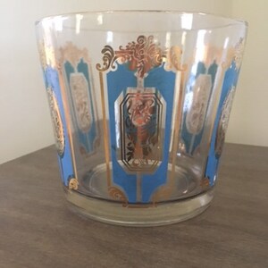 Vintage Culver Glass Ice Bucket 22k Gold and Teal Cartouche Design image 1