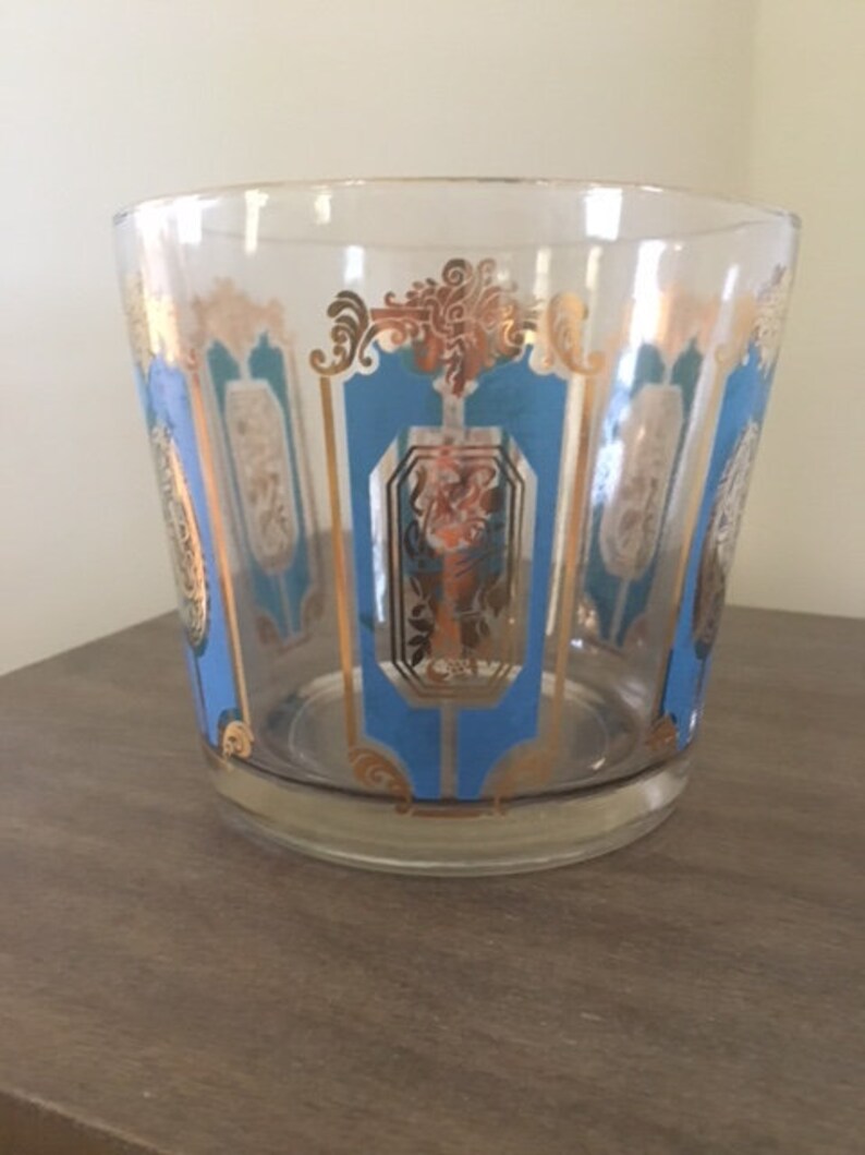 Vintage Culver Glass Ice Bucket 22k Gold and Teal Cartouche Design image 1