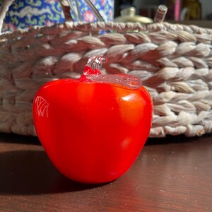 Vintage Murano Ruby Red Glass Apple Paperweight – Hand Blown Clear Stem Leaf