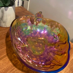 Gorgeous Vintage Amber Rainbow Iridescent Grape Apple shaped fruit bowl dish