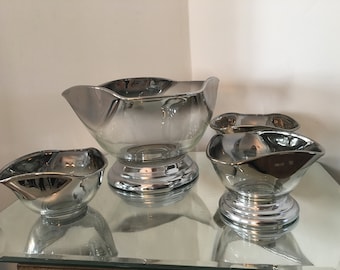 Glass Bowl Salad Set Silver Ombre Fade Glass Salad Bowl set made by Vitreon Queen’s Lustreware in the 1960's in Brooklyn NY USA