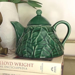Vintage Jade Leaves Teapot | Embossed Green Stoneware Botanical Kitchen Décor