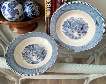 Juego de 2 cuencos vintage Currier and Ives by Royal China en azul y blanco